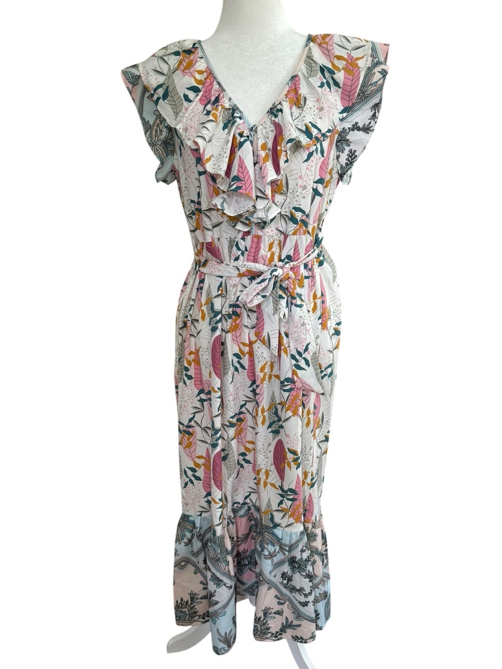 THML V-Neck Maxi Belted Ruffle Botanical Summer Mauve Green Ivory Dress Size S